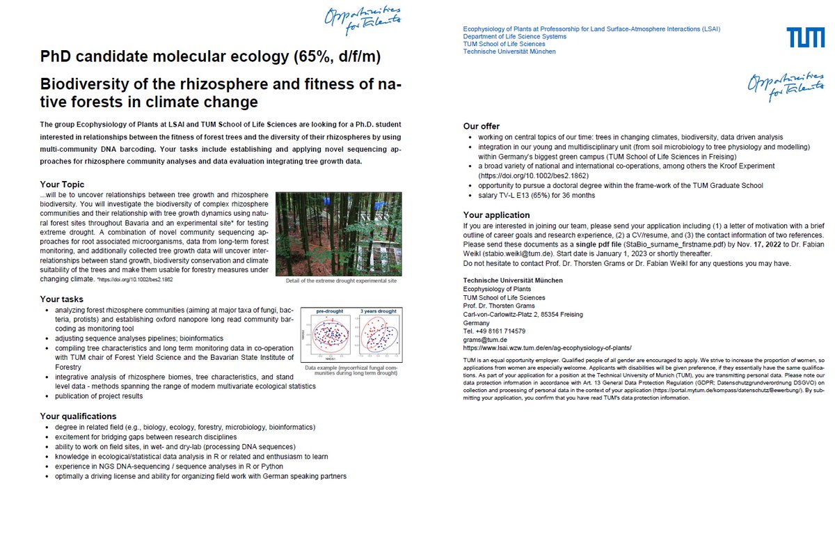 The group Ecophysiology of Plants at LSAI and TUM School of Life Sciences are looking for a Ph.D. student interested in relationships between the fitness of forest trees and the diversity of their rhizospheres by using multi-community DNA barcoding. 
portal.mytum.de/jobs/wissensch…
