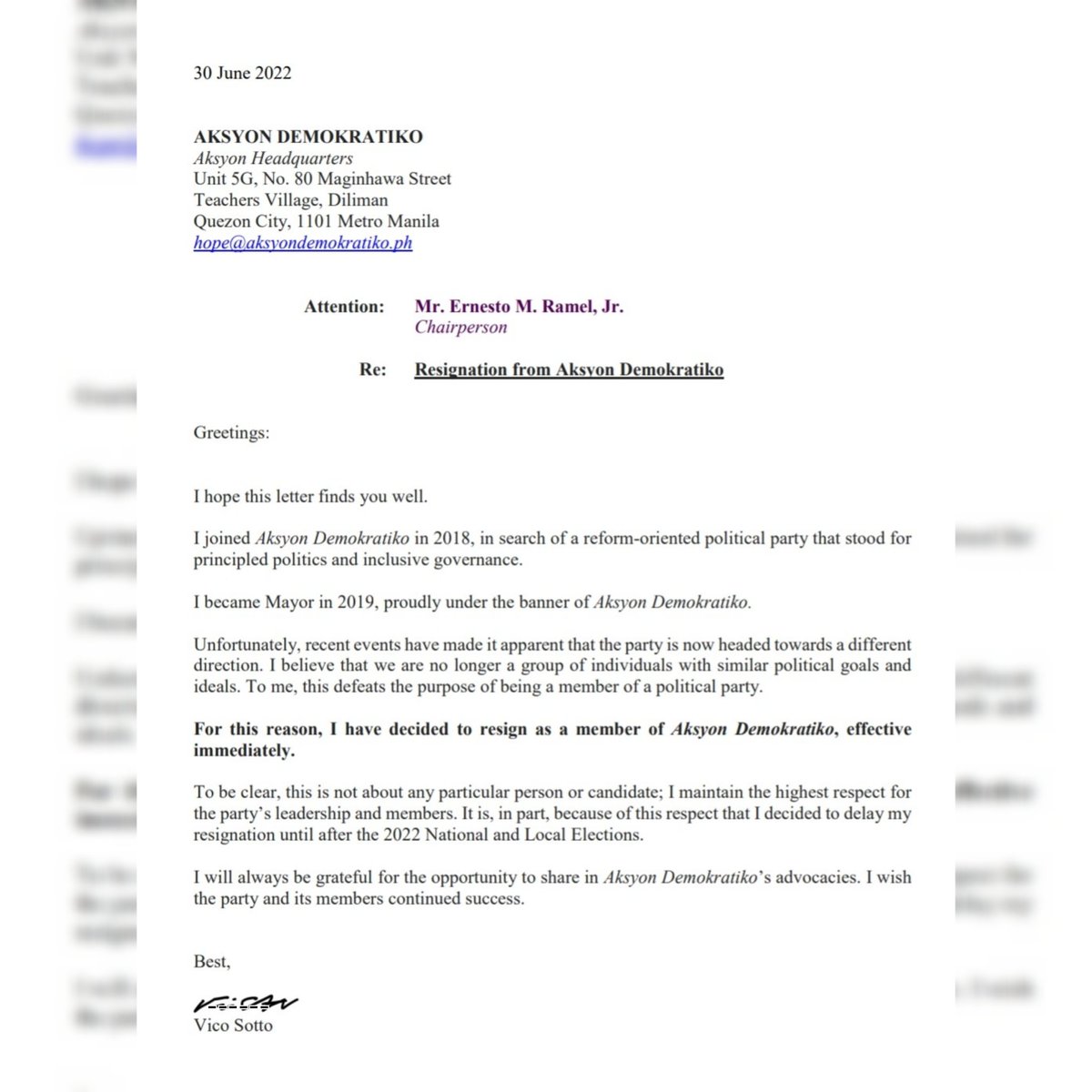 VicoSotto's tweet photo. Since I resigned from Aksyon Demokratiko last July, I never made any announcement. But since media has now reported it, here is my resignation letter.

I respected party decisions while I was a member, but for reasons stated in the letter, I decided to resign after the elections. https://t.co/izXDooeoqI