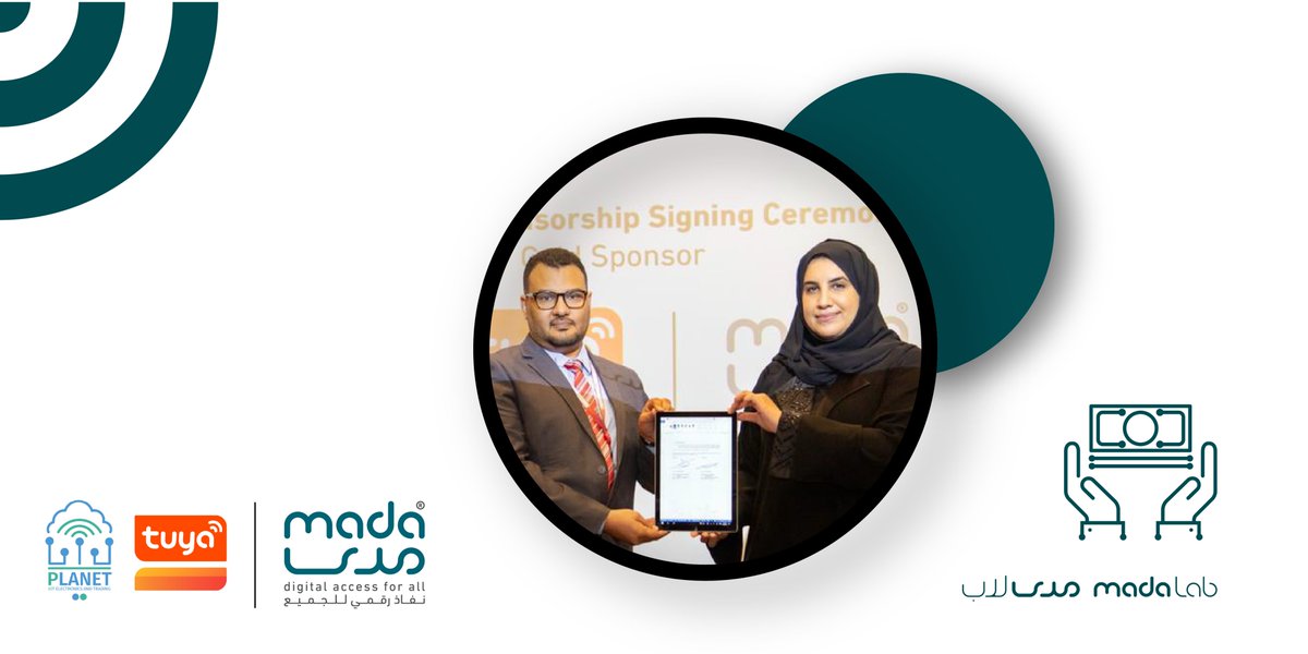 madacenterQatar's tweet photo. وقعت Tuya و Planet IoT @plant_iot على اتفاقية رعاية ذهبية لمدى لاب في مجال الابتكار لفائدة الأشخاص ذوي الإعاقة.
#MadaLab
#Innovation
#DigitalAccessibility
#DigitalAccessForAll
#MadaCenterQatar https://t.co/MOdxL8ATkq