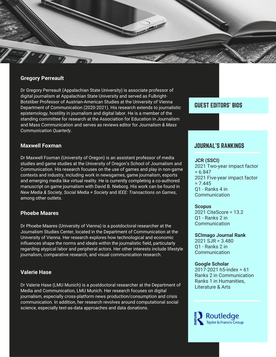 Digital Journalism (@djeditorialteam) on Twitter photo CALL FOR PAPERS! The deadline for abstract submission is almost here, for our latest Special Issue “Epistemologies of Digital #Journalism Production”, guest edited by <a href="/GregPerreault/">Gregory P. Perreault</a>, <a href="/MaxwellFoxman/">Maxwell Foxman</a>, <a href="/PhoebeMaares/">Phoebe Maares</a> & @hase_va. Be sure to submit your abstract by 11 Nov! CALL FOR PAPERS! The deadline for abstract submission is almost here, for our latest Special Issue “Epistemologies of Digital #Journalism Production”, guest edited by <a href="/GregPerreault/">Gregory P. Perreault</a>, <a href="/MaxwellFoxman/">Maxwell Foxman</a>, <a href="/PhoebeMaares/">Phoebe Maares</a> & @hase_va. Be sure to submit your abstract by 11 Nov!