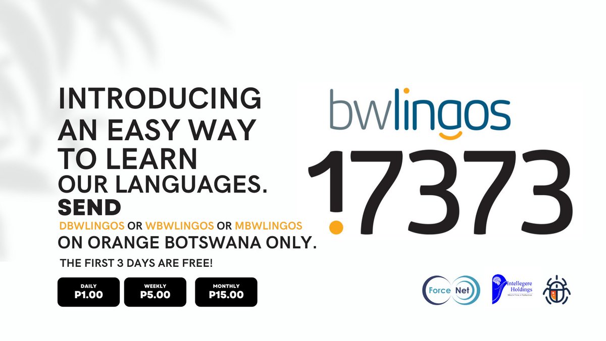 We are excited to share our new service Bwlingos - Premium SMS. Subscribe now! 

Bwlingos is a fun app that teaches Botswana languages through short, simple lessons. Send dbwlingos or wbwlingos or mbwlingos to 17373 to subscribe. The first 3 days are FREE! #bwlingos #17373