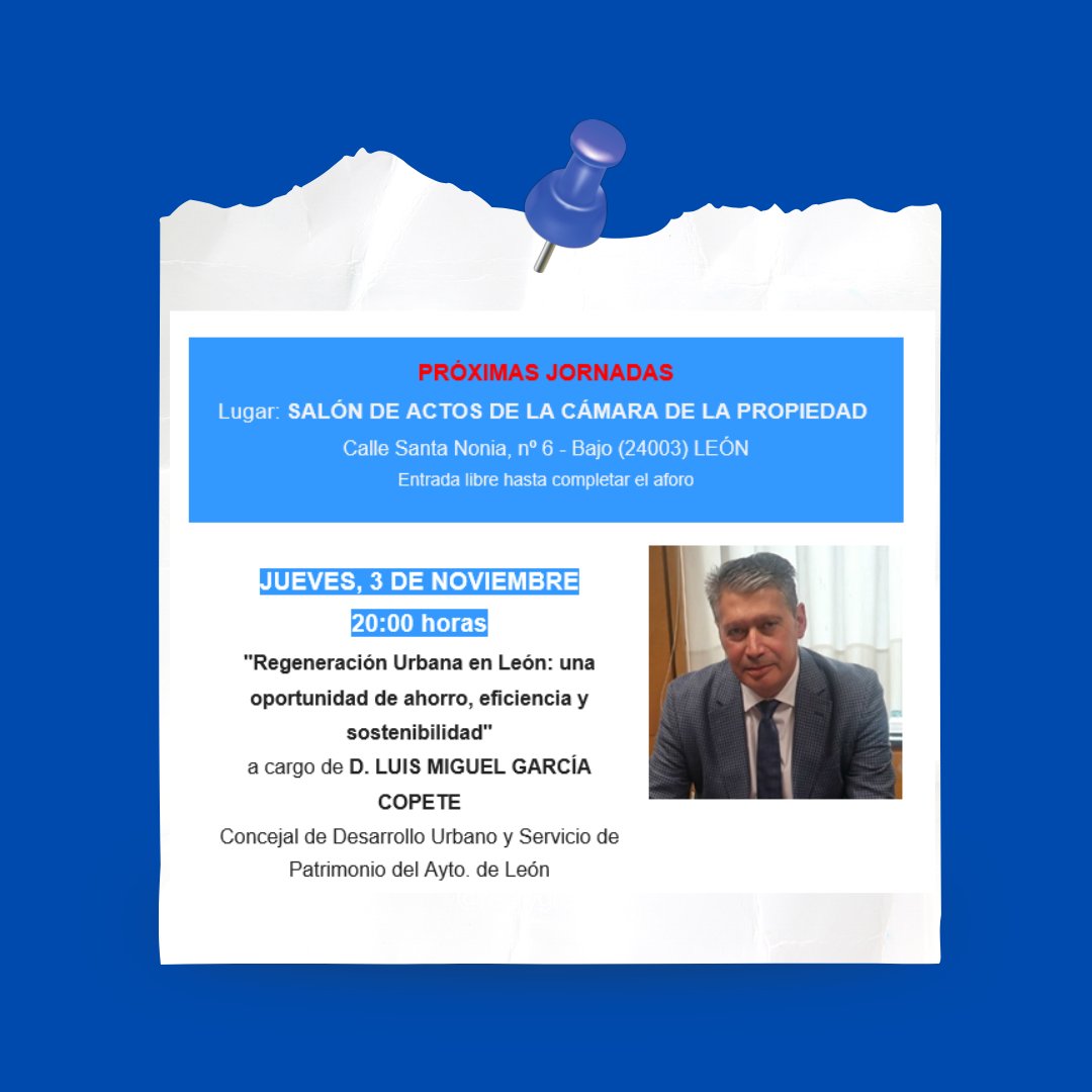 CPULeon's tweet photo. 📅 3 de Nov
⌚️20:00 h

"Regeneración Urbana en León: una oportunidad de ahorro, eficiencia y sostenibilidad" a cargo de D. LUIS MIGUEL GARCÍA COPETE Concejal de Desarrollo Urbano y Servicio de Patrimonio del Ayto. de León. 

#cpuleon  #eficienciaenergética #viviendasostenible https://t.co/TuWXkLi42G