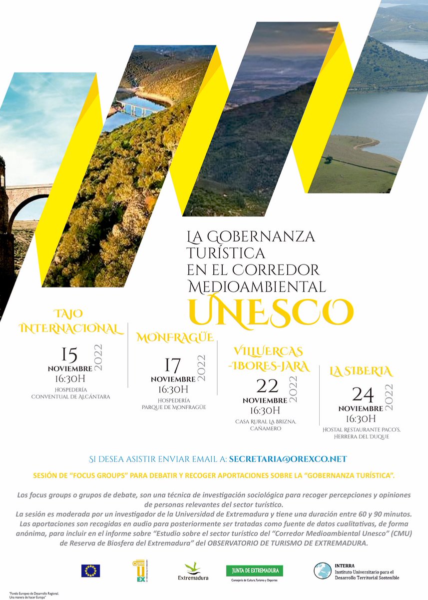 Focus Group: “La Gobernanza turística en el corredor medioambiental #UNESCO ”
#Tajo Internacional 👉 15/11
#Monfragüe 👉 17/11
#Villuercas  👉 22/11
#La Siberia 👉 24/11
Si quieres asistir contacta con ⁦<a href="/Orexco/">Orexco</a>⁩