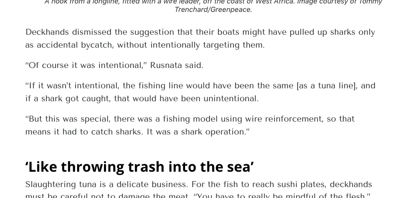 philjacobius's tweet photo. Longline boats tend to pull up lots of shark as unintentional bycatch, but our interviewees made clear this was something else entirely: the deliberate targeting of sharks, on an industrial scale.

Said one deckhand: “Of course it was intentional. … It was a shark operation.” https://t.co/vJ1HNRFGt0