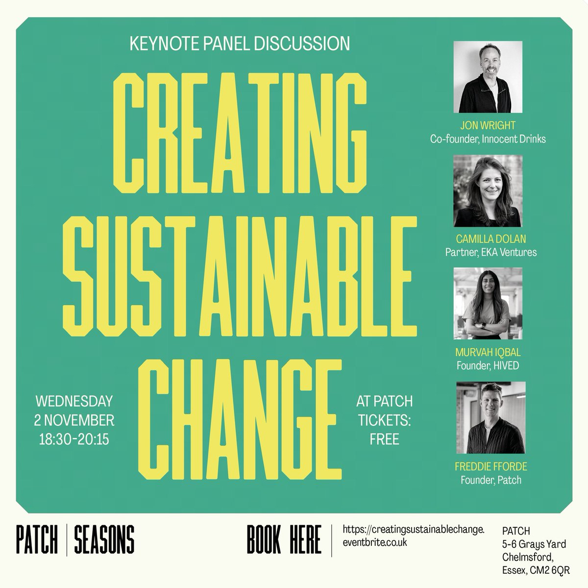 💯 Super excited about our first Patch Seasons event on this evening!

🌎 Join <a href="/murvahi/">Murvah Iqbal</a>, <a href="/Camilladolan/">Camilla Dolan</a>, Jonathan Wright &amp; <a href="/FreddieFforde/">Freddie</a> in a conversation as they explore ‘Creating Sustainable Change.’

😊 Drinks in Patch Market after! 

➡️ Tickets:  lnkd.in/gBTTpXPm