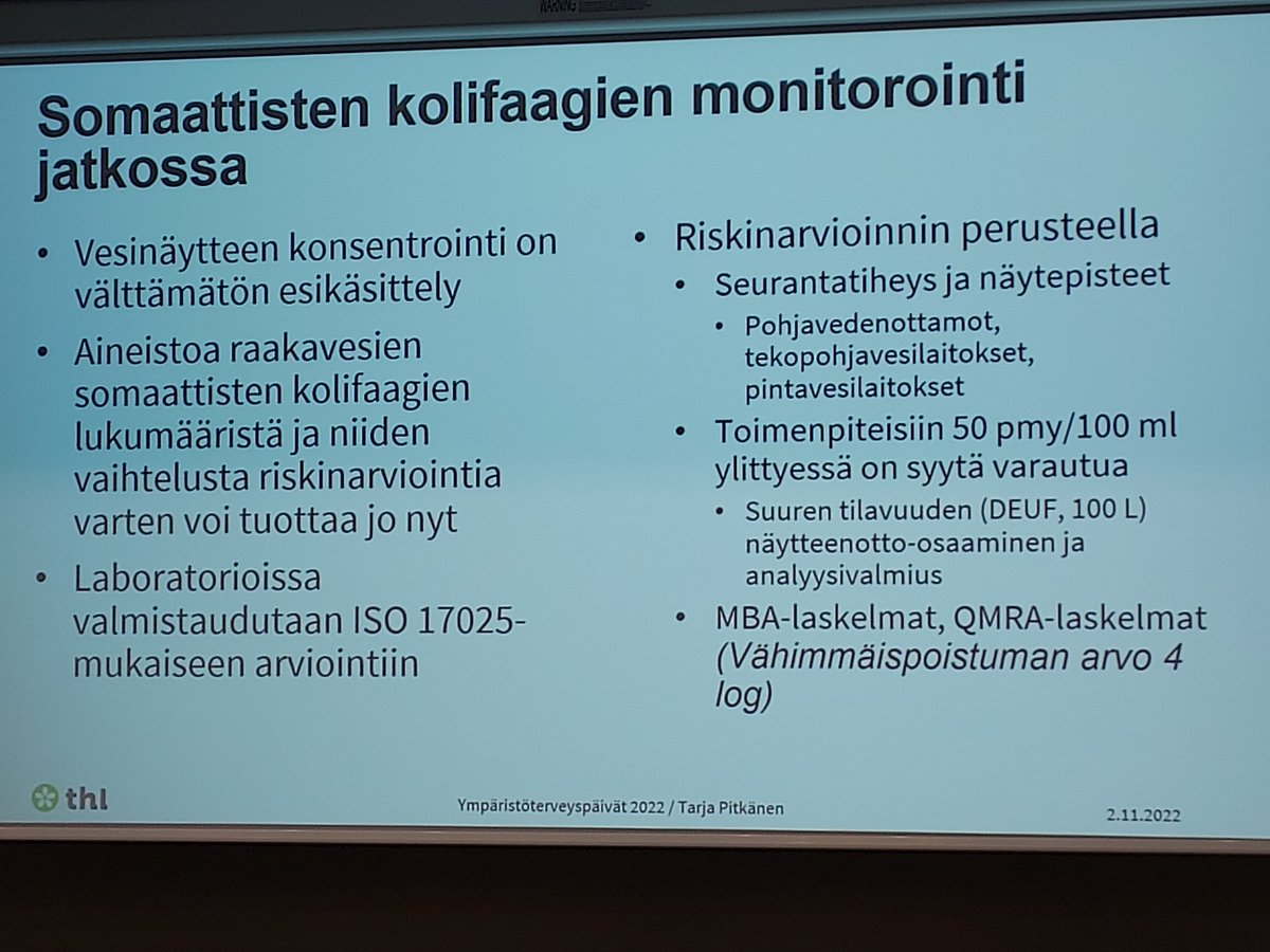 • #juomavesidirektiivi : uutena muuttujana somaattiset kolifaagit
• indikaattori suolistoperäiselle saastumiselle 
• #juomavesi käyttötarkkailuohjelmat muuttuvat

Tulossa <a href="/THLorg/">THL</a>  kysely laboratorion vesimikrobiologisista menetelmistä
#ytp2022 #ympäristöterveys
<a href="/TarjaPitkanen/">Tarja Pitkänen</a>