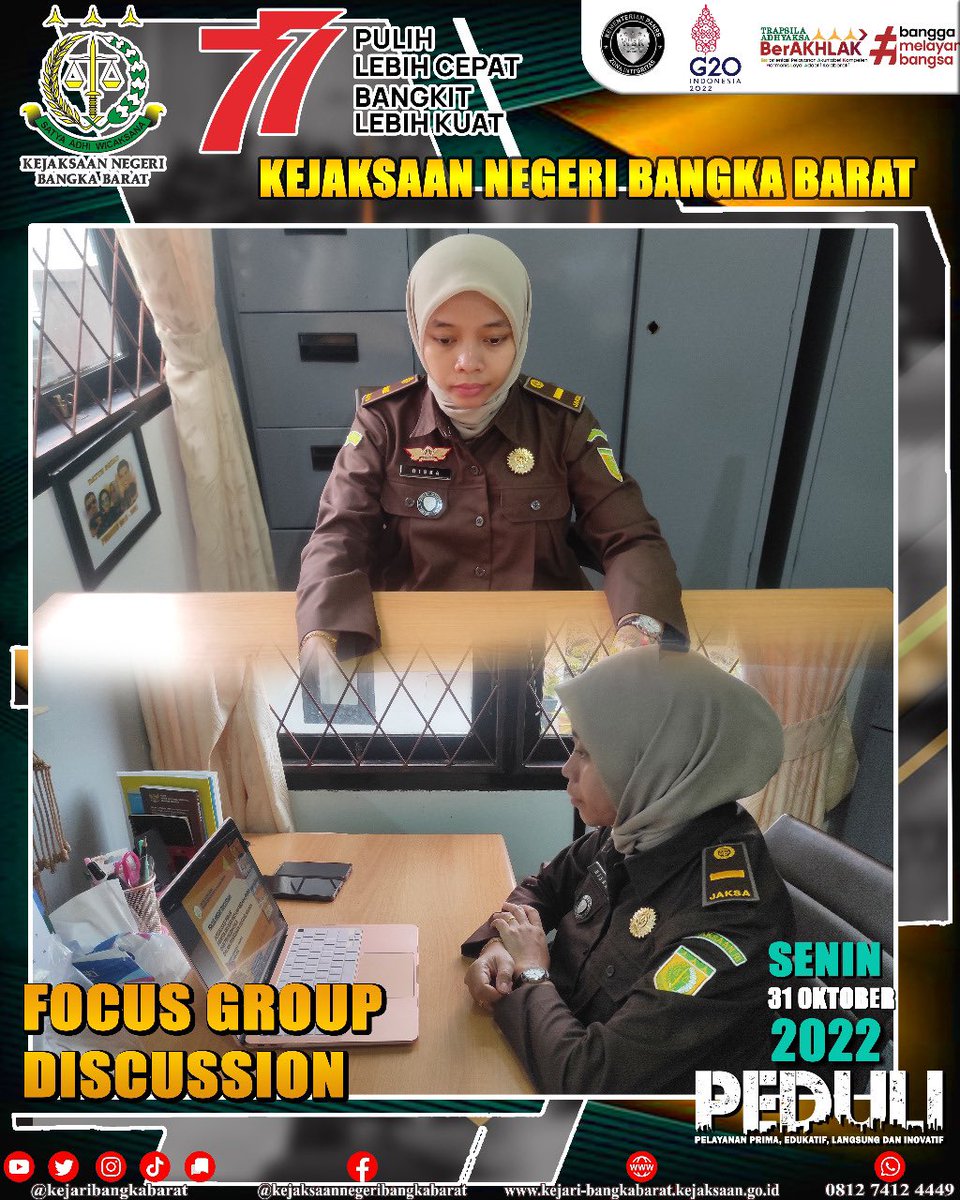kejaribabar's tweet photo. Senin,31 Oktober 2022, Kasubsi Pertimbangan  hukum Kejaksaan Negeri Bangka Barat mengikuti kegiatan FGD secara virtual yang mengangkat tema Sosialisasi Peran PUPN dan Problematika Dalam Penagihan Piutang Negara #KejaksaanRI https://t.co/9TWzfC8Dds