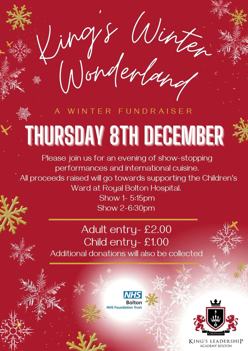 King's Winter Wonderland! 
Please join us on Thursday 8th December for an evening of show-stopping performances and international cuisine. All proceeds raised will go towards supporting the Children's Ward at Royal Bolton Hospital #ASPIRE #selfawareness #Royalboltonhospital