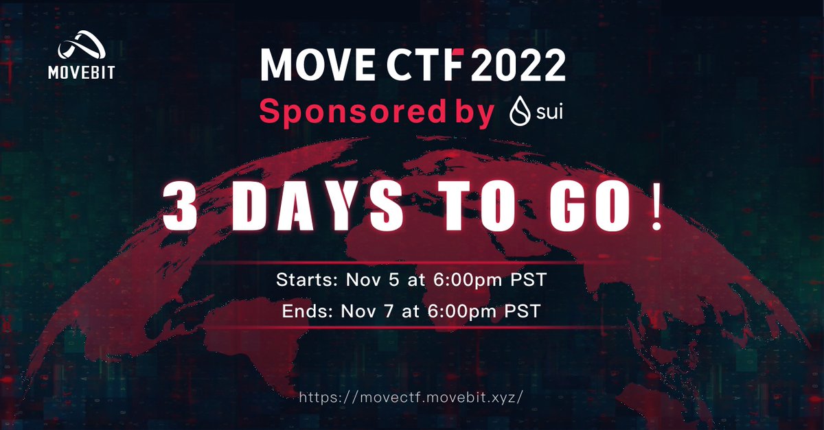 1/ #MoveCTF 2022, sponsored by @SuiNetwork, currently has nearly 300 participants from around the world 🇦🇪🇨🇭🇯🇵🇰🇷🇻🇳🇿🇦🇺🇸🇨🇳🇳🇬🇮🇳🇵🇱🇮🇩🇹🇼🇨🇦🇹🇷🇻🇪🇹🇭. 3 days to go until #MoveCTF2022 starts! Registration is still open: movectf.movebit.xyz