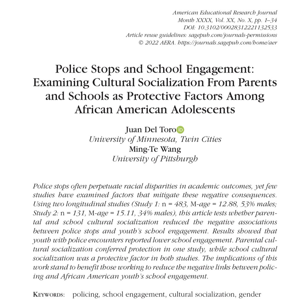 🚨 A new article is out in AERJ! Using two studies, we found that police stops predicted lower levels of youth’s school engagement, &amp; racial socialization from parents and school adults conferred protection. We discuss how/why these practices promote resilience! <a href="/UMNPsych/">UMN Psychology</a> <a href="/LRDC1/">Learning Research & Development Center</a>