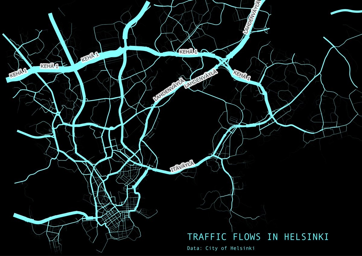 Roads in Helsinki. Width relative to average number of daily car traffic. #30DayMapChallenge Day 2: Lines.