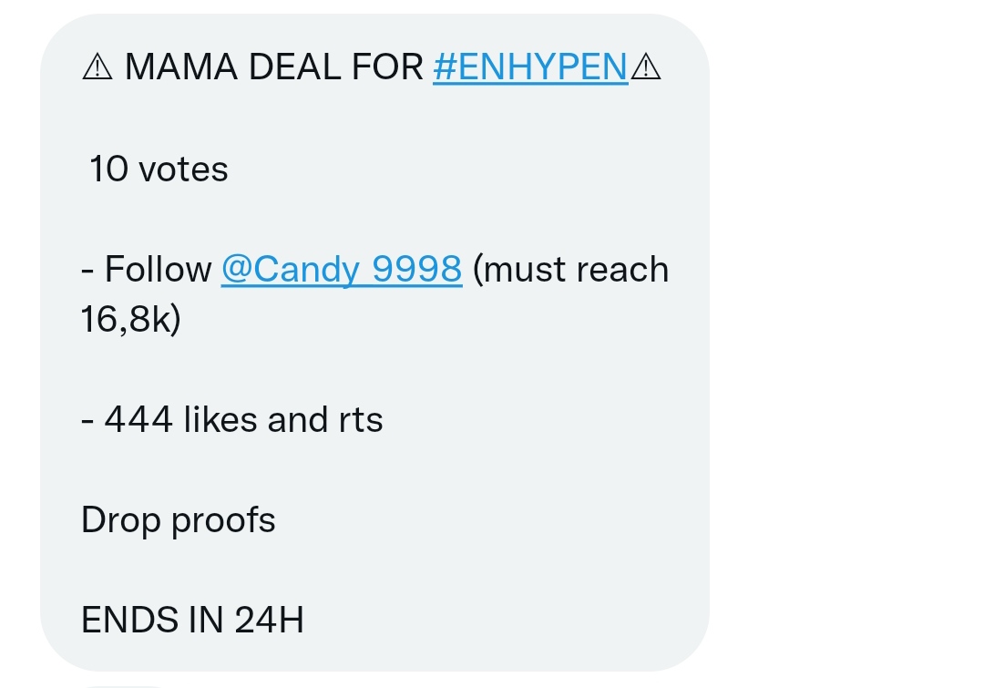 i4shuaa's tweet image. ❗MAMA DEAL FOR #ENHYPEN❗

10 votes

- Follow @Candy_9998 (must reach
16,8k)
- 444 likes and rts

Drop proofs

ENDS IN 24H

#enhypen #MAMAVOTE