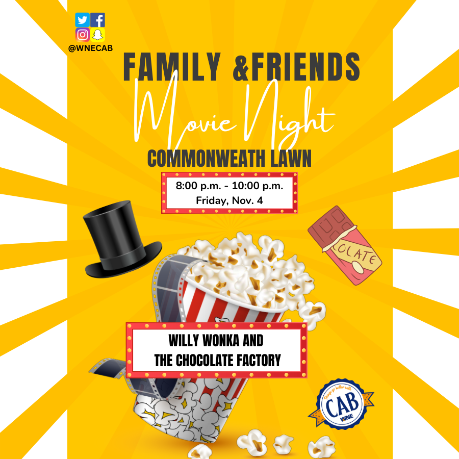 WNE_Involvement's tweet photo. Join the Campus Activities Board for Family and Friends Movie Night, where they will show Willy Wonka and the Chocolate Factory! https://t.co/HYwFK9FD4h
