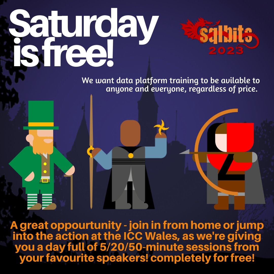 Did you know that the last day (Saturday) of SQLBits is completely free?👀 

That's hours filled with learning from professionals who create the products you use every day - for FREE!😱

Join us on March 18th for a full day of learning!
#SQLBitsPricing events.sqlbits.com/2023