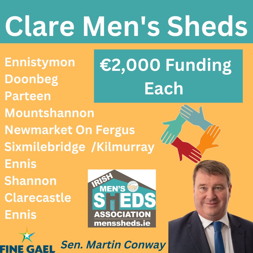 Great news @HHumphreysFG announces €20k in grants for Men's Sheds in Clare, 2k grant per shed is a great boost to support the invaluable work & community efforts by the volunteers during a time of rising costs. @IrishSheds @ClareFM