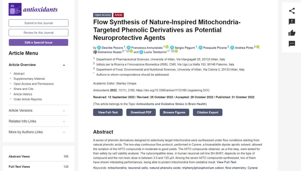 I am happy to share with you our latest work "Flow synthesis of nature-inspired mitochondria-targeted phenolic derivatives as pontential neuroprotective agents" 🥰