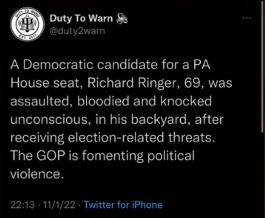 JellyBeans570's tweet photo. An hour after the former guy went on stage and spouted a conspiracy about Paul Pelosi's attack being set up, another attack happened in #Pennsylvania #RichardRinger The hate and division from within is deplorable! Extremely disturbing watching Americans help destroy democracy https://t.co/01yJEYOW9O
