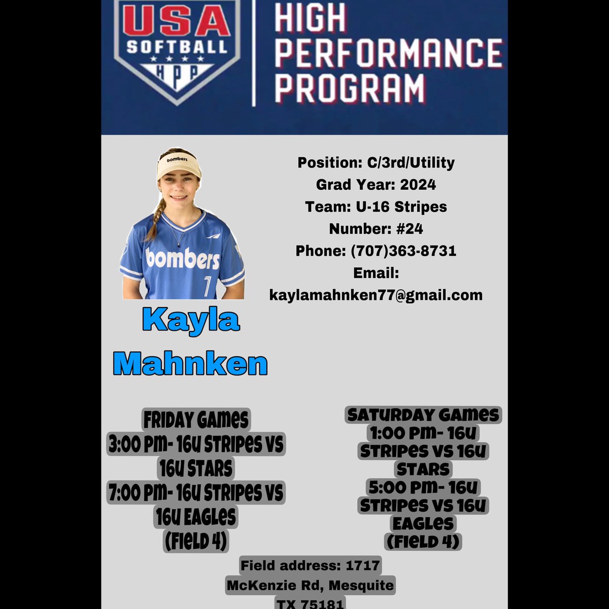 I am honored to say I will be representing the U-16 Stripes Team this weekend for my second HPP Team USA National Selection Event in Mesquite, Texas. I am so excited!!💙❤️@LegacyLegendsS1 @SBRRetweets @Los_Stuff @westcoastpreps_ @RRecruiting_