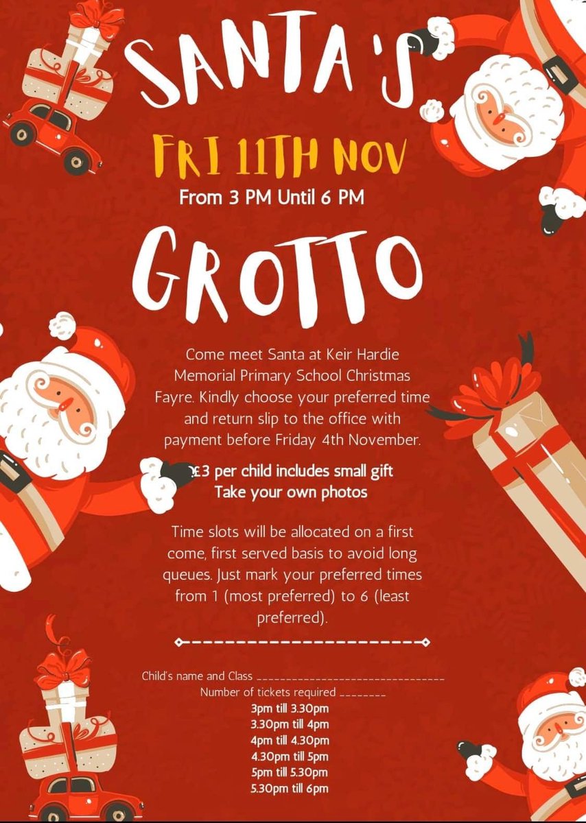 Thank you to everyone who has already booked slots for Santa's Grotto at the Christmas Fayre on 11 November. 🎅 

If you are still to fill out your form and pay your £3, please ensure to hand it in to the school by Friday, 4 November.

<a href="/KeirHardieMem/">Keir Hardie Memorial</a>