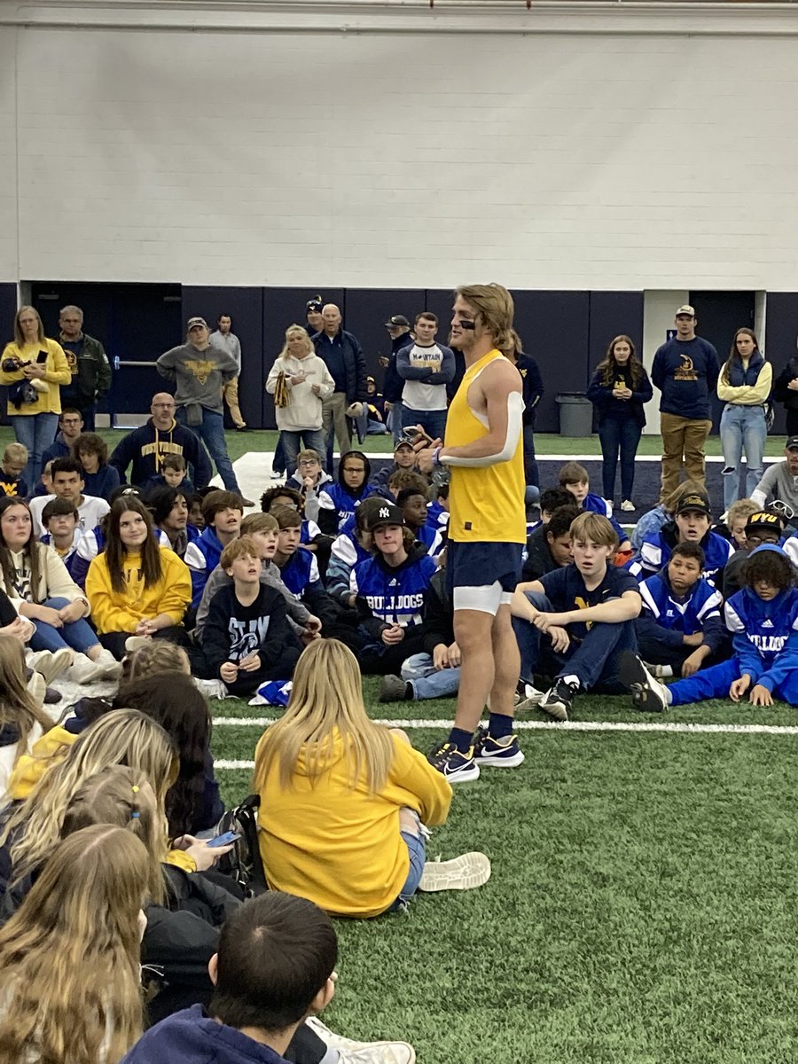 Myers_Kirby's tweet photo. We had a great post-game FCA rally after the TCU game on Saturday. Nearly 300 students got to hear testimonies from @reesesmith_ and @garrett3greene of @WVUfootball. Thankful for their involvement with @WVUFCA. https://t.co/qXoOPs287k