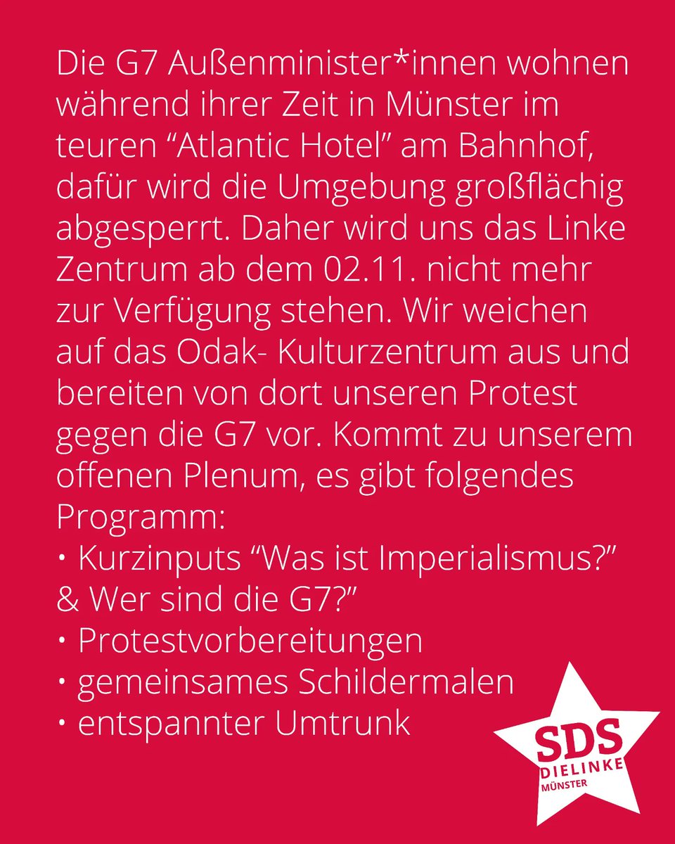 Heute offenes Plenum zu dem #G7 Außenminister*innentreffen in Münster &amp; Protestvorbereitung!
Kommt dazu!