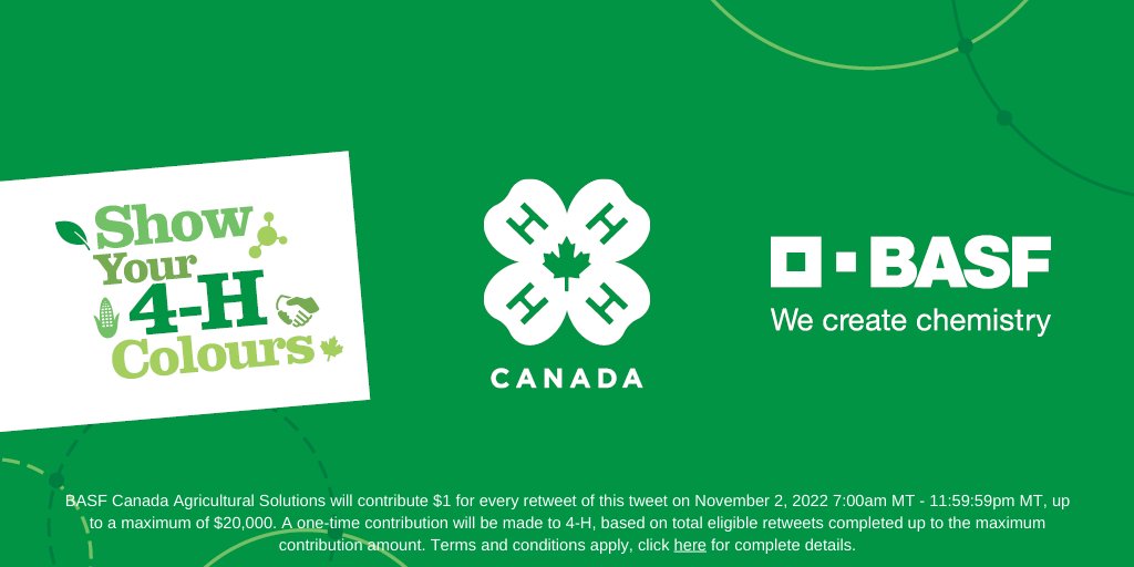 This year, to celebrate #ShowYour4HColours Day, BASF will contribute $1 for every retweet of this tweet (up to $20,000). 💚

Join us in supporting today’s youth leaders and all of the amazing things 4-H’ers are doing in communities across Canada. 🇨🇦🙌 
bit.ly/3FDoqe1