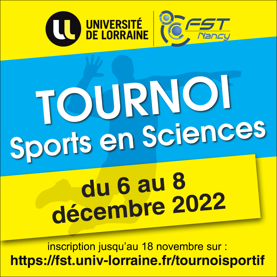 FST Nancy (@fstnancy) on Twitter photo C'est le moment de trouver vos partenaires et de constituer votre équipe au tournoi "Sports en Sciences"🏸🏐🏓
🗓️ Infos et inscription avant le 18 novembre sur : fst.univ-lorraine.fr/tournoisportif C'est le moment de trouver vos partenaires et de constituer votre équipe au tournoi "Sports en Sciences"🏸🏐🏓
🗓️ Infos et inscription avant le 18 novembre sur : fst.univ-lorraine.fr/tournoisportif