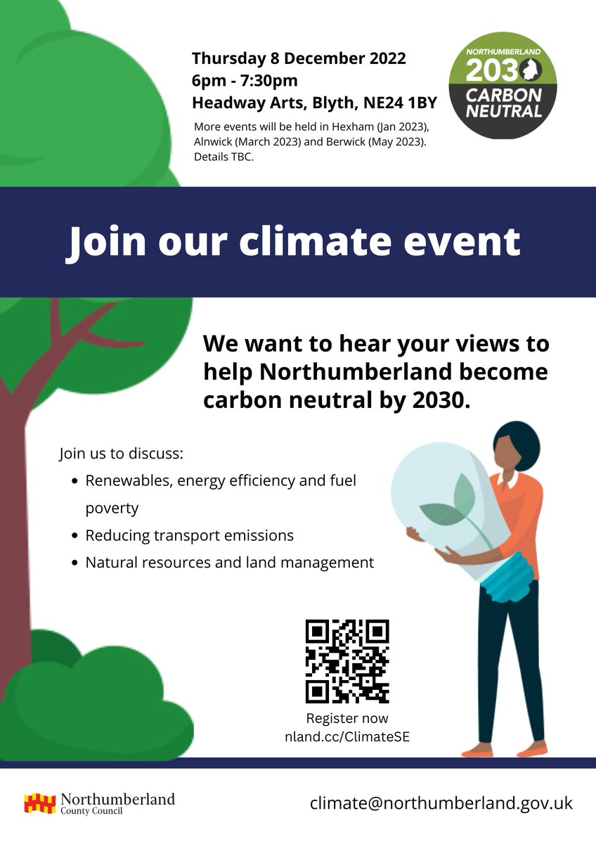 AdvanceNland's tweet photo. Join @N_landCouncil's Climate event on the 8th December 2022 to voice your views on how our County can become carbon neutral by 2030.
Register for free at: https://t.co/ly97Ru8tWG
#carbonneutral #renewables #ncc #climatechange #climateevent #northumberland https://t.co/zquX2AJHXt