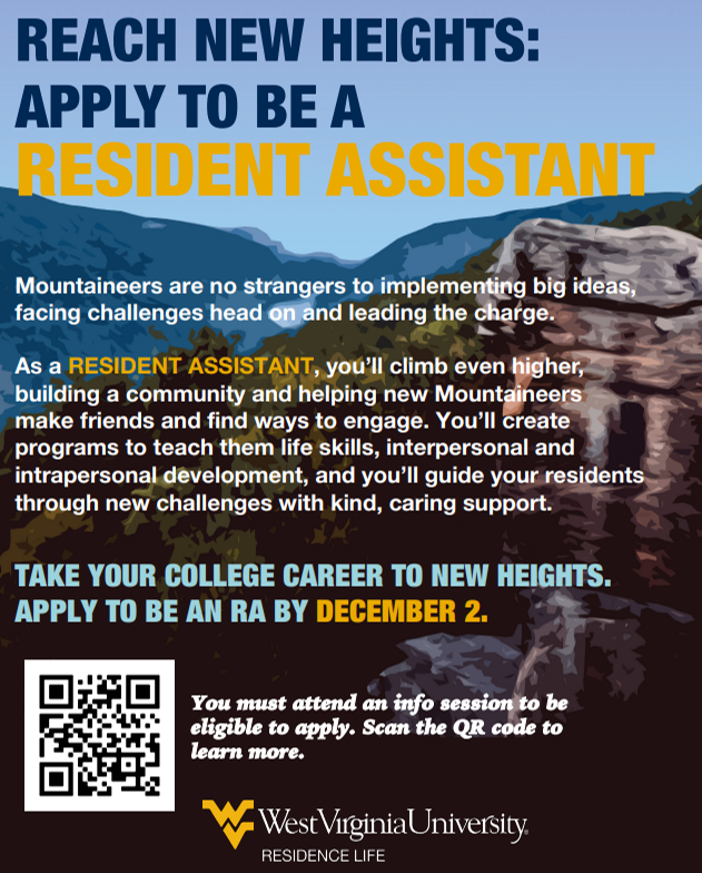wvudavis's tweet photo. Ever consider being an RA?

You must attend an info session in order to apply!

@WVUHousing https://t.co/XDz9vJdZkr