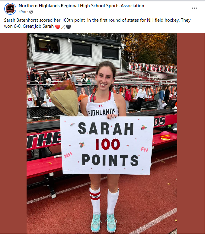 Way to go, Sarah! Congratulations to Girls Field Hockey on a great win! #NHSportsAssoc #NH_Athletics #GoHighlands