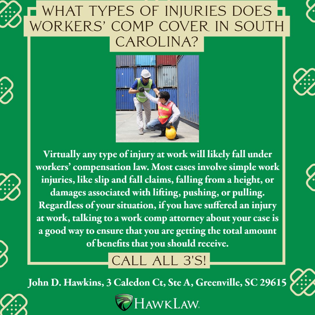 gohawklaw's tweet photo. What Types of Injuries Does Workers’ Comp Cover In South Carolina?

Virtually any type of injury at work will likely fall under workers’ compensation law. If you have suffered an injury at work, call HawkLaw today!

Learn more at: https://t.co/2RJRHJ16uw
#workerscomp #jobinjury https://t.co/zTkE1KbmEN