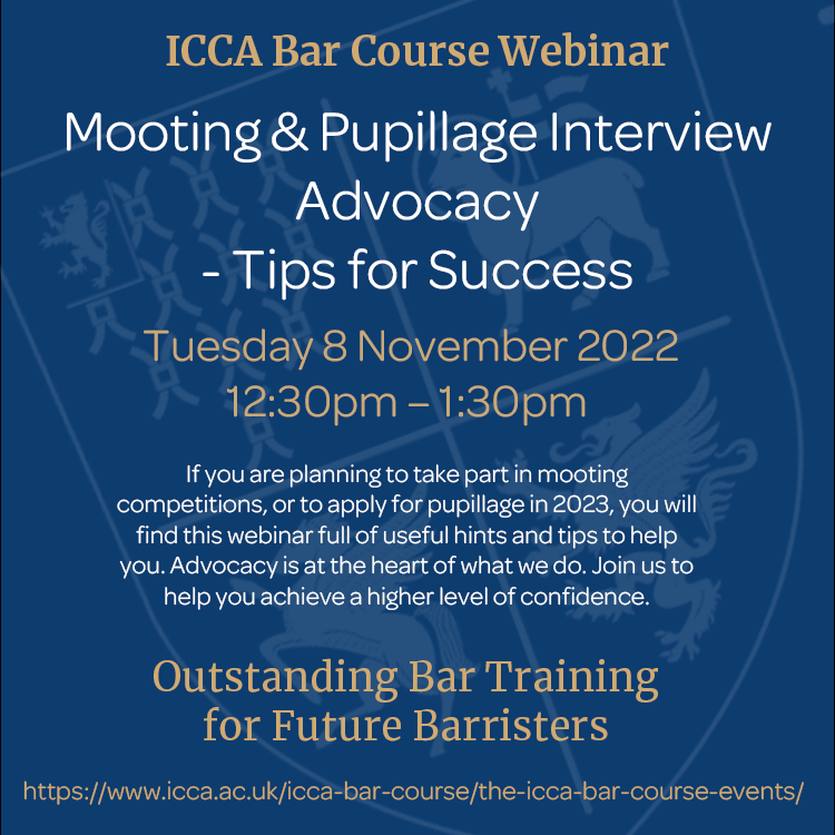 If you are planning to take part in #mooting competitions, or to apply for #pupillage in 2023, join us on Tuesday 8 November, 12.30-1.30pm, to help you achieve a higher level of confidence.

Register here: ow.ly/MQtw50LpZXk 

#students #lawstudents #ForFutureBarristers