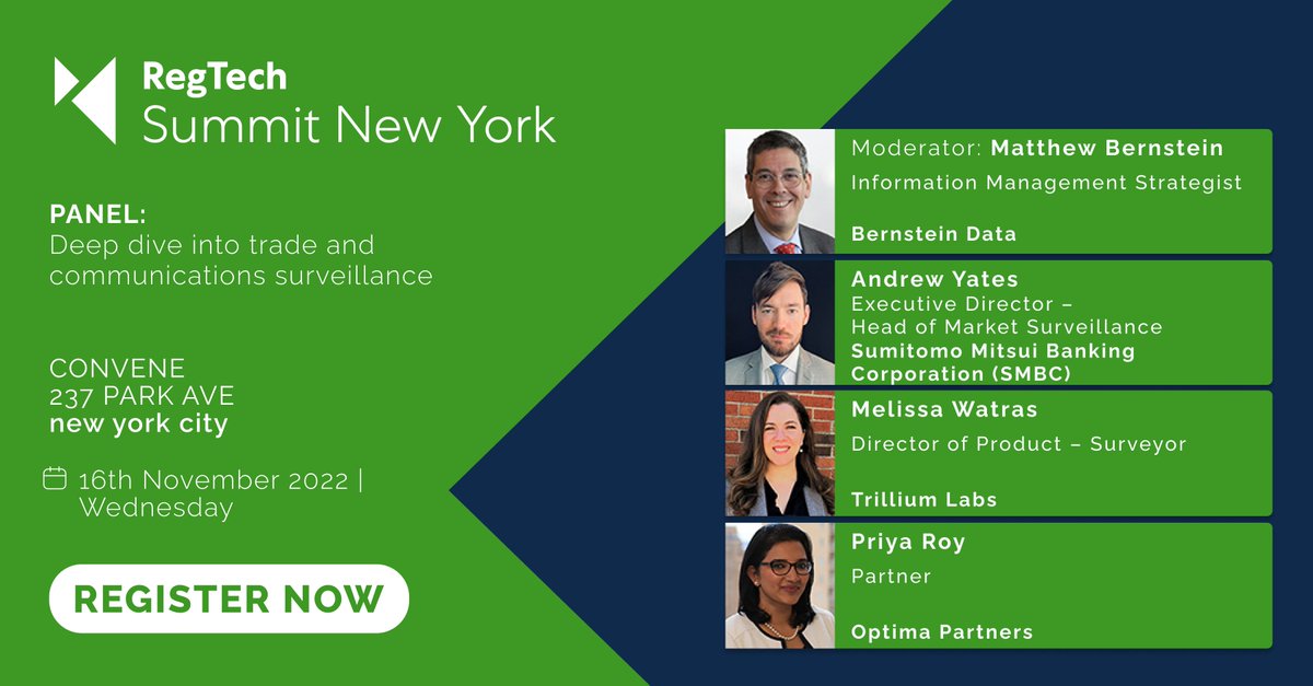 Join us for this deep dive into trade and communications surveillance at RegTech Summit New York on November 16th.

Register: ow.ly/9HGt50La0up

#RTSNYC #regtech #tradesurveillance #buyvsbuild #fixedincome #digitalassets #AI #ML #digitalassets <a href="/BernsteinData/">MC Bernstein Data</a>