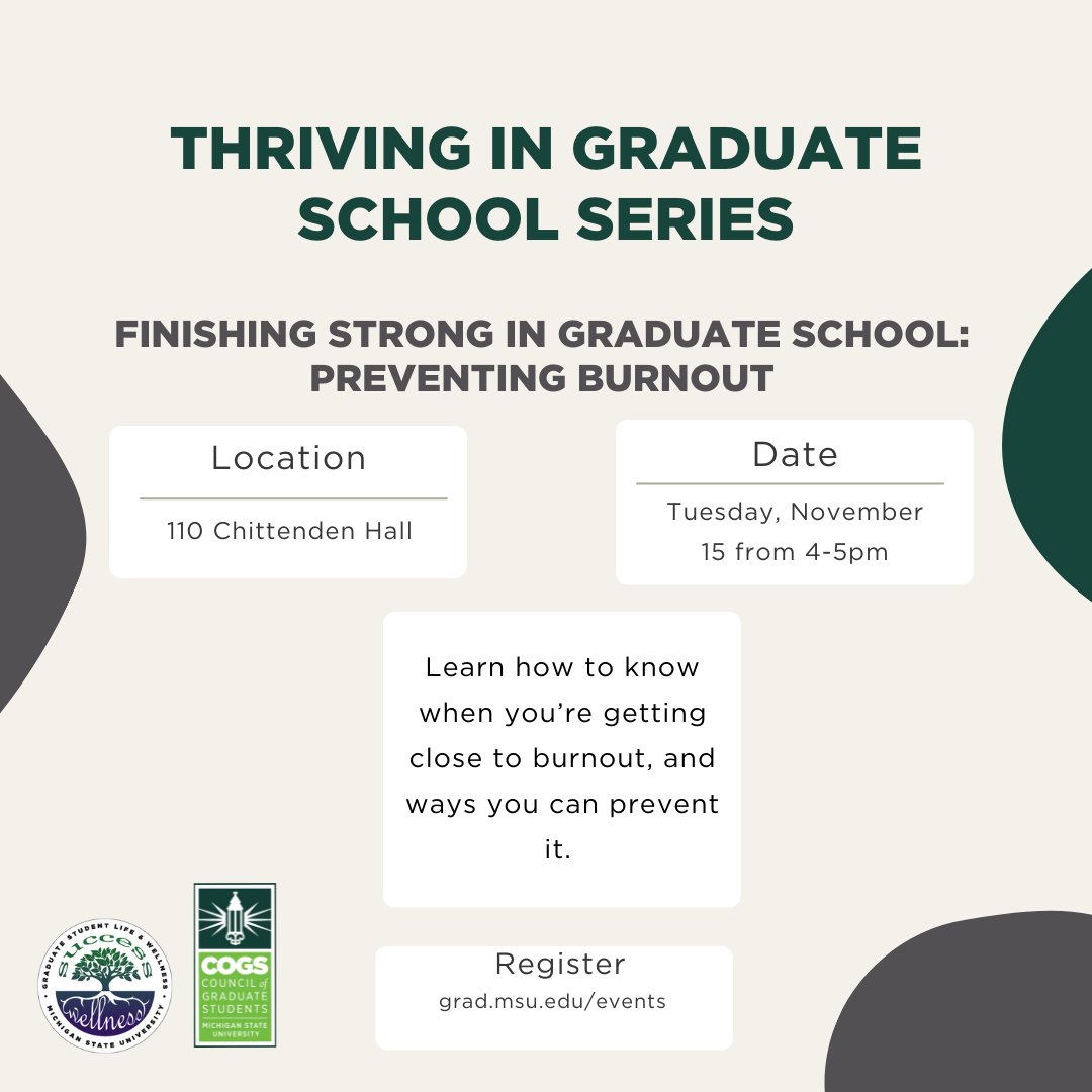 MSUGradWellness's tweet photo. Join us next week on November 15th in Chittenden to discuss burnout- how to identify it and identifying ways to prevent it! Register at https://t.co/qnS0dNlqNE https://t.co/BDfM2FY2cM