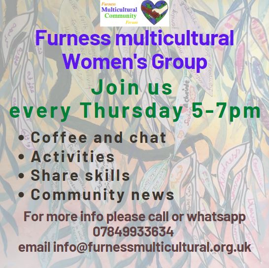Furness Multicultural Community Forum (@forumfurness) on Twitter photo Women's group tomorrow Thursday 5-7pm. We are looking forward to have Rachel from Art Gene with us to talk about climate change and living sustainably 💚
If you want more information please contact 07849933634 or info@furnessmulticulltural.org.uk Women's group tomorrow Thursday 5-7pm. We are looking forward to have Rachel from Art Gene with us to talk about climate change and living sustainably 💚
If you want more information please contact 07849933634 or info@furnessmulticulltural.org.uk