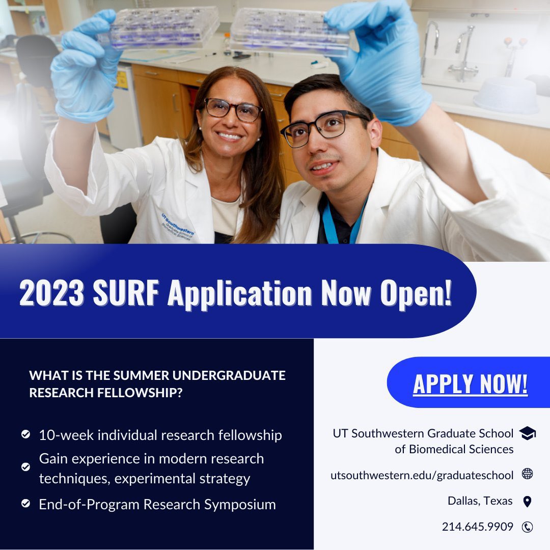 📢 Summer Research Opportunity for Undergrad Students <a href="/UTSWGradSchool/">UTSW Graduate School of Biomedical Sciences</a> 

✨Applications for the 2023 Summer Research Undergraduate Fellowship (SURF) Program are now live at bit.ly/3yeoQDj!✨