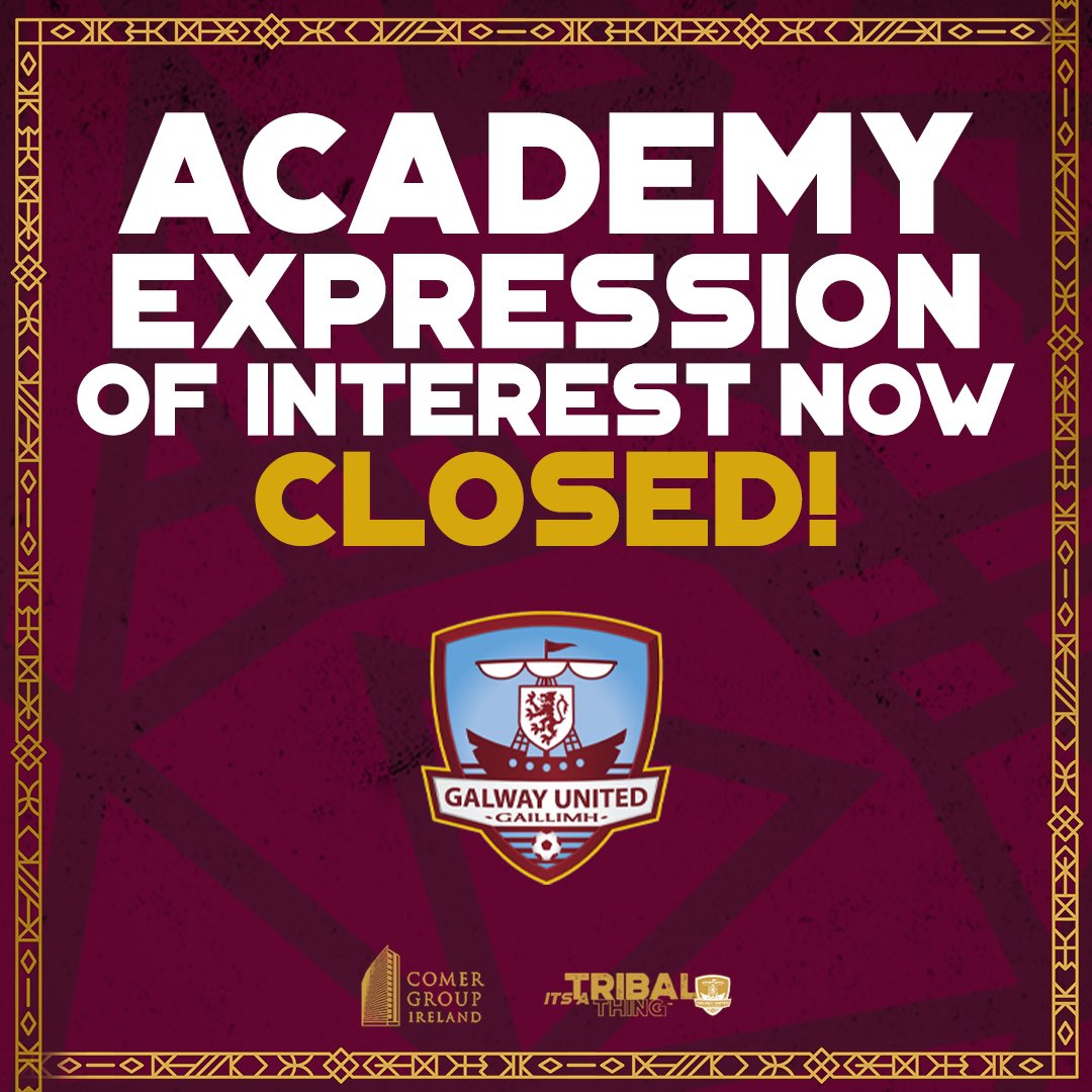 🛑 Expression of Interest is now closed.

🙏 Thank you to all those that expressed an interest in underage trials for Galway United Academy. Due to the huge demand we cannot facilitate all those that applied.
Many thanks for your interest.

#ItsATribalThing
