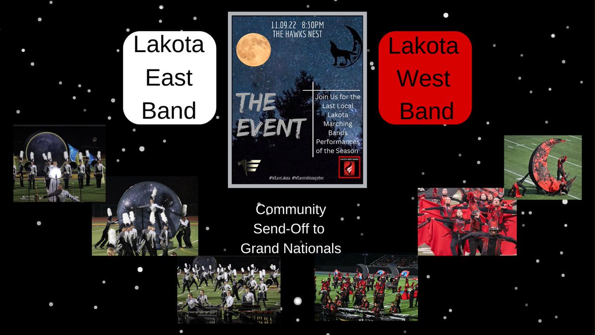 Join us as both award winning bands from <a href="/lakotaeastbands/">Lakota East Bands</a> &amp; <a href="/lakotawestbands/">Lakota West Bands</a> perform their '22 competition shows one last time as they prepare to depart for <a href="/BANDSOFAMERICA/">BANDS OF AMERICA</a> Grand National Championships in Indianapolis! <a href="/LakotaDistrict/">LakotaLocalSchools</a> <a href="/westchestertwp/">West Chester Township</a> <a href="/LibertyTwpOH/">Liberty Township, OH</a> #WEareLakota