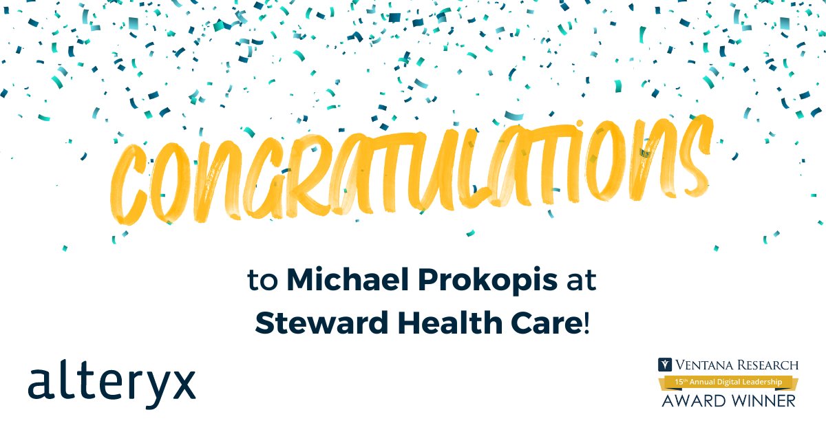 alteryx's tweet photo. Congratulations to Michael Prokopis at @Steward Health Care for being named winner in the Supply Chain category for the 15th annual @ventanaresearch Digital Leadership Awards! https://t.co/jmCd9IjmOH
#VRDLA22 #AnalyticsforAll #DataAnalytics #SupplyChain https://t.co/pZcqY6ANoX