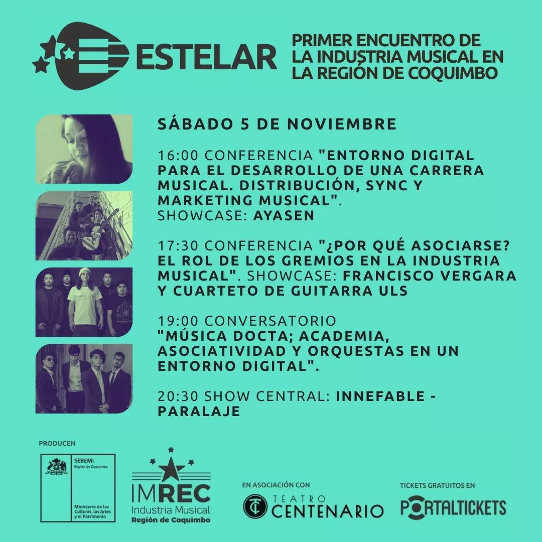 ImrecCl's tweet photo. PROGRAMACIÓN COMPLETA ENCUENTRO ESTELAR.
*
*
Actividades y shows en  @teatrocentenari y restaurante @Newcitylaserena
Más información y tickets gratuitos en https://t.co/mfxRAGGNuP 
Link en la bio.
Jueves 3 al sábado 5 de Noviembre
 @culturas_cqbo #portaltickets https://t.co/myeA3JzSIl