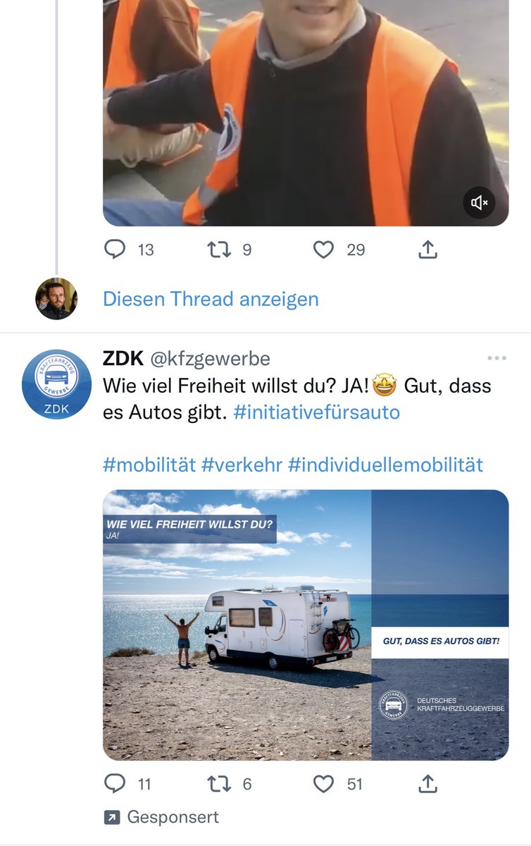 Targeting from hell: Eine Werbung für das Auto direkt unter einem Post von <a href="/AufstandLastGen/">Letzte Generation</a> 

BTW: Was für ein Bullshit, <a href="/kfzgewerbe/">ZDK</a> ???