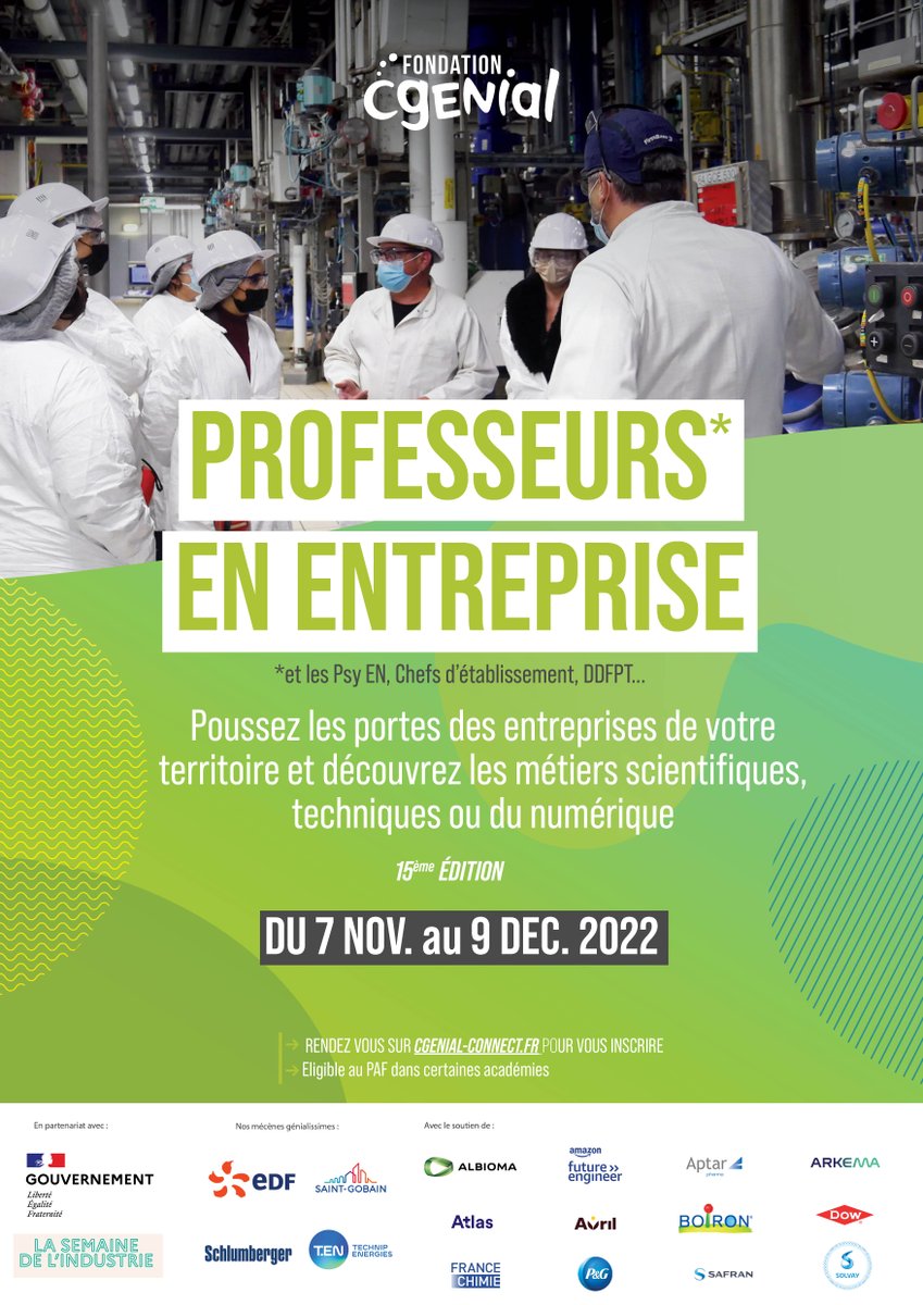 Eduscol's tweet photo. #ProfesseursEnEntreprise du 07/11 au 09/12/22 sur inscription gratuite : une action qui propose aux enseignants de pousser les portes des entreprises et de découvrir les coulisses des sites industriels, techniques et du numérique.
👉 https://t.co/Waalczb6bD

@Fond_CGenial https://t.co/z6CLedpDO8