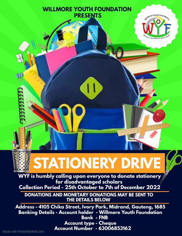 WYFoundation_1's tweet photo. Hello WYF community,

WYF is humbly calling upon everyone to donate stationery to the foundation in order to distribute to disadvantaged scholars.

#StationeryDrive #WYF #AskAMan #Grade12 #JobSeekersSA https://t.co/EIa1AM3SXK