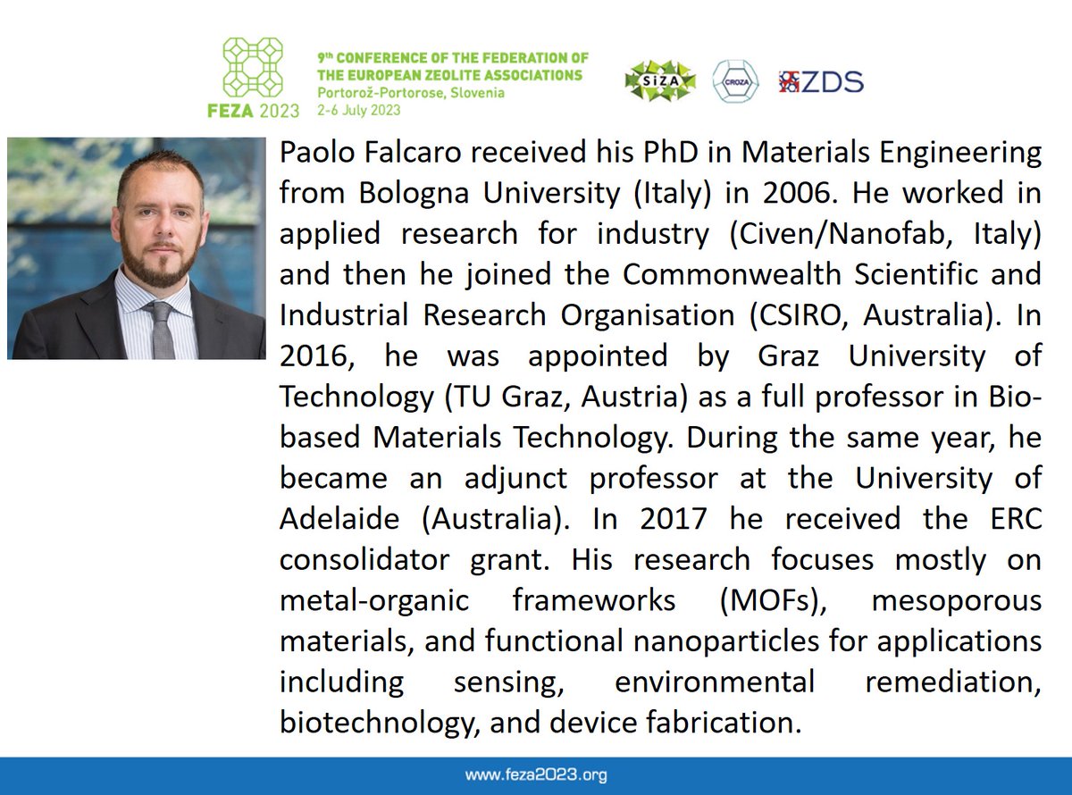 The final plenary lecture at FEZA 2023 will be presented by Paolo Falcaro. Prof. Facaro has been a full professor in Bio-based Materials Technology at TU Graz (Austria) since 2016. More details on Prof. Falcaro are included below. <a href="/FalcaroG/">FalcaroGroup</a> #FEZA2023 #Plenary