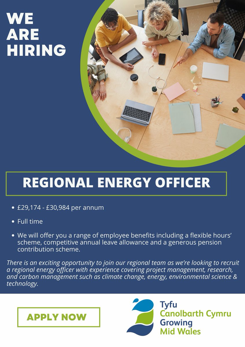 📣We're hiring! A Regional Energy Officer (Ceredigion &amp; Powys)
£29,174 - £30,984 per annum. Full time. Flexible worker position.
Apply by 27/11/2022
Play a key role to support the region’s energy system transition to net zero. 
👉careers.ceredigion.gov.uk/jobs/req104292/