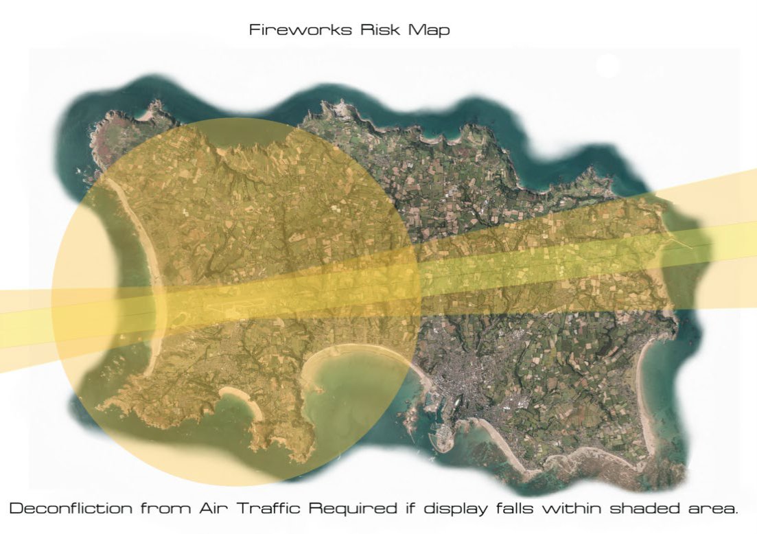 With Bonfire Night fast approaching, if you're holding a 'higher risk' event, please complete an External Events form. 

Higher risk events occur in the yellow areas marked on the map or where the fireworks are expected to reach more than 400ft (120m).

jerseyairport.com/doing-business…