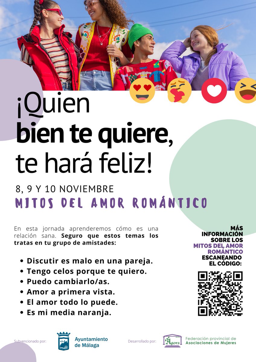 AgoraFederacion's tweet photo. Durante los días 8, 9 y 10 de noviembre asistiremos al IES Ben Gabirol para formar al alumnado en la construcción de relaciones sanas e igualitarias. Este proyecto es posible gracias a la subvención del Ayuntamiento de Málaga, concretamente del Área de Igualdad de Oportunidades. https://t.co/rNOliMIFUj