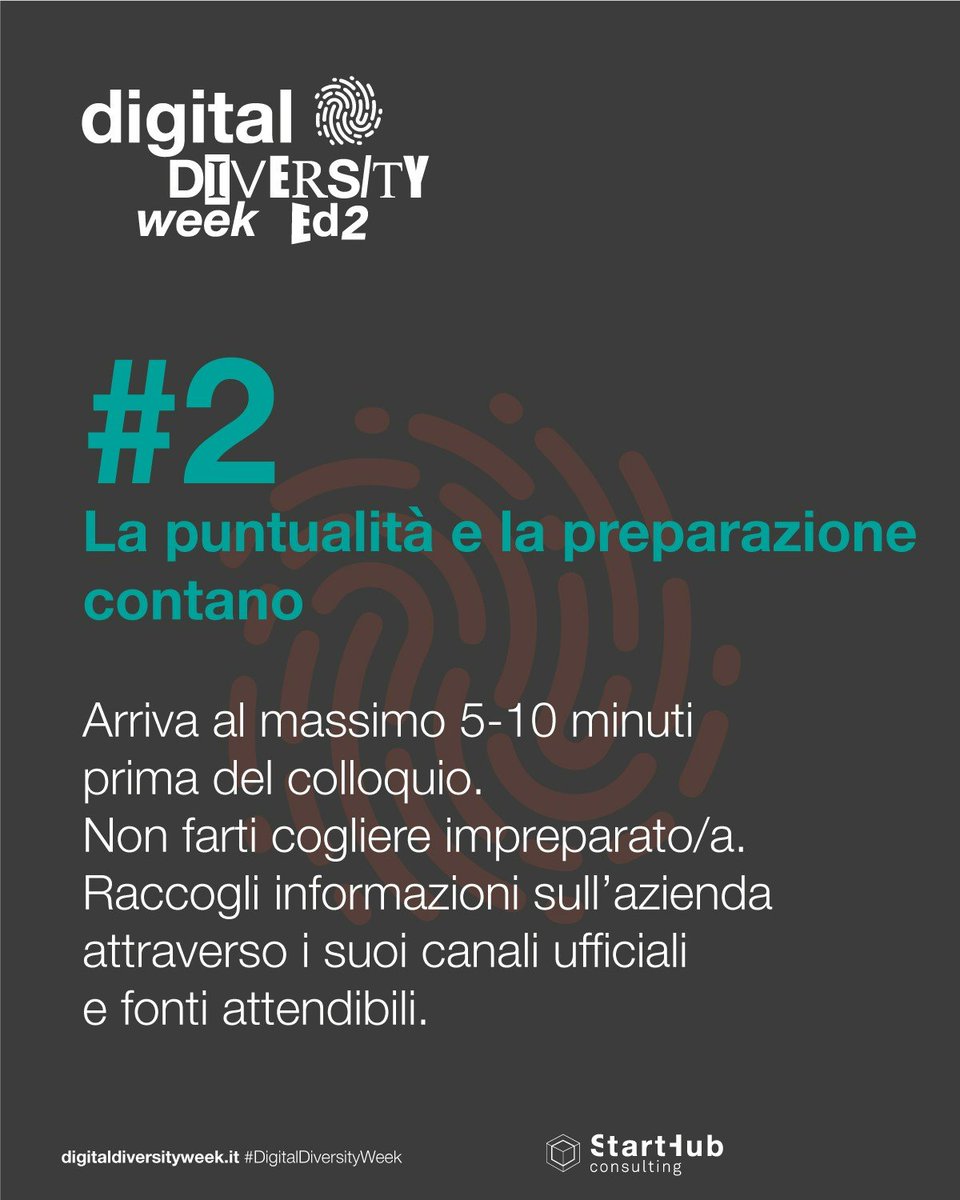 StartHubCons's tweet image. In attesa della Digital Diversity Week, online dal 28 novembre al 2 dicembre, ecco 3 semplici consigli per prepararvi ad affrontare al meglio un colloquio di lavoro.

Scopri di più su digitaldiversityweek.it

#digitaldiversityweek #categorieprotette #colloquio #lavoro @jobmetoo