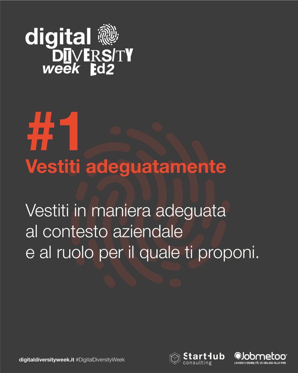 StartHubCons's tweet image. In attesa della Digital Diversity Week, online dal 28 novembre al 2 dicembre, ecco 3 semplici consigli per prepararvi ad affrontare al meglio un colloquio di lavoro.

Scopri di più su digitaldiversityweek.it

#digitaldiversityweek #categorieprotette #colloquio #lavoro @jobmetoo