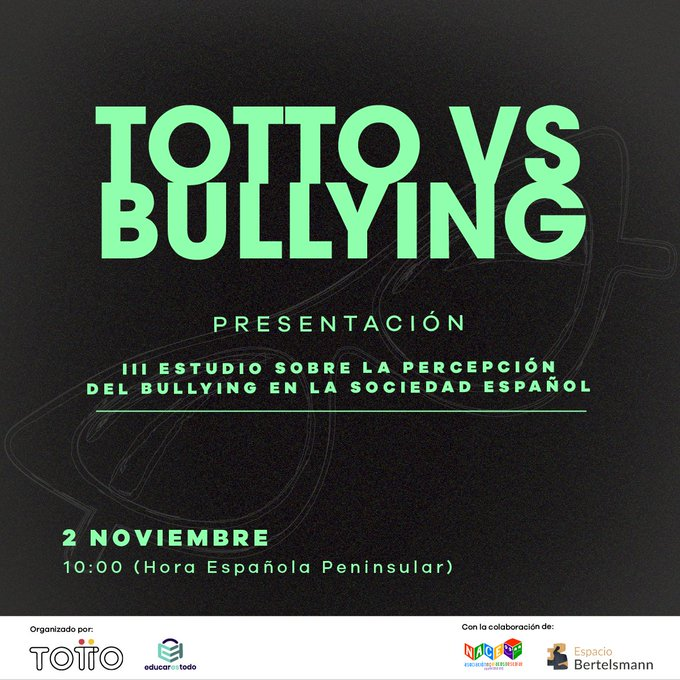 e_bertelsmann's tweet photo. 1 de cada 4 familias asegura que sus hijos han sido víctimas de acoso. @educar_es_todo y @TottoEspana presentan hoy en el #EspacioBertelsmann el III Estudio sobre la percepción del bullying en la sociedad española. Sigue en directo aquí👉https://t.co/osialBejhd. #NoMásBullying https://t.co/ZmyEGO3gIc